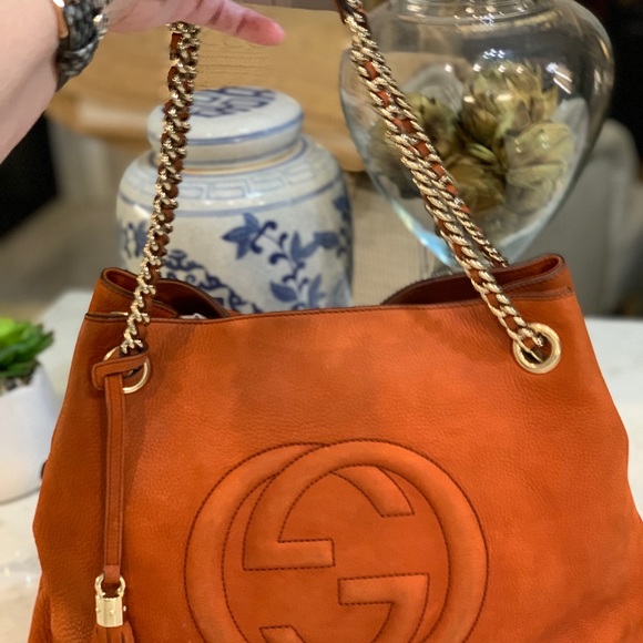 GUCCI SOHO NUBUCK RUST ORANGE CHAIN SHOULDER BAG - Picture 2 of 16